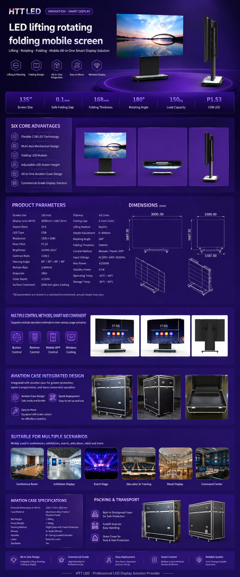 HTT LED 135inch COB P0.9 P1.25 P1.56 LED Lifting Rotating Folding Mobile Display Screen Manufacturer